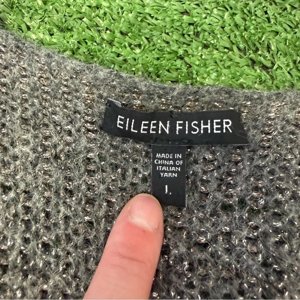 Eileen Fisher Gray Chunky knit Metallic Alpaca V-Neck Sweater, Size L